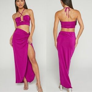 Showpo Forrest Halter Crop Top and Midi Skirt in Pink Berry SET